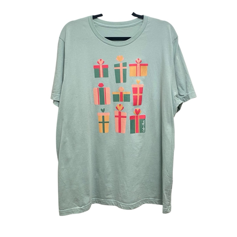 Mint Green Graphic Tee with Colorful Gift Boxes